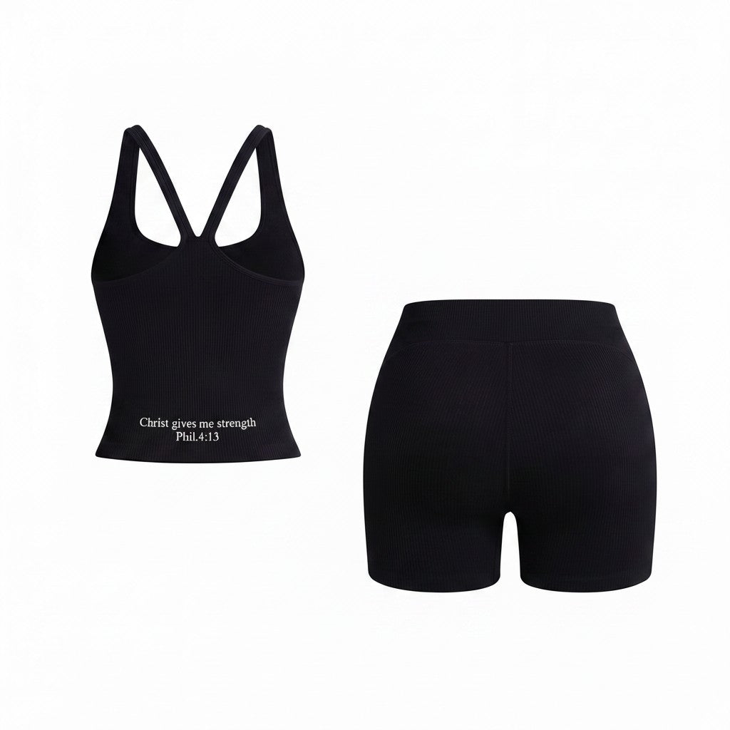 Scriptr black ribbed high-waist bike shorts with a seamless, compressive fit and a quote on the back.