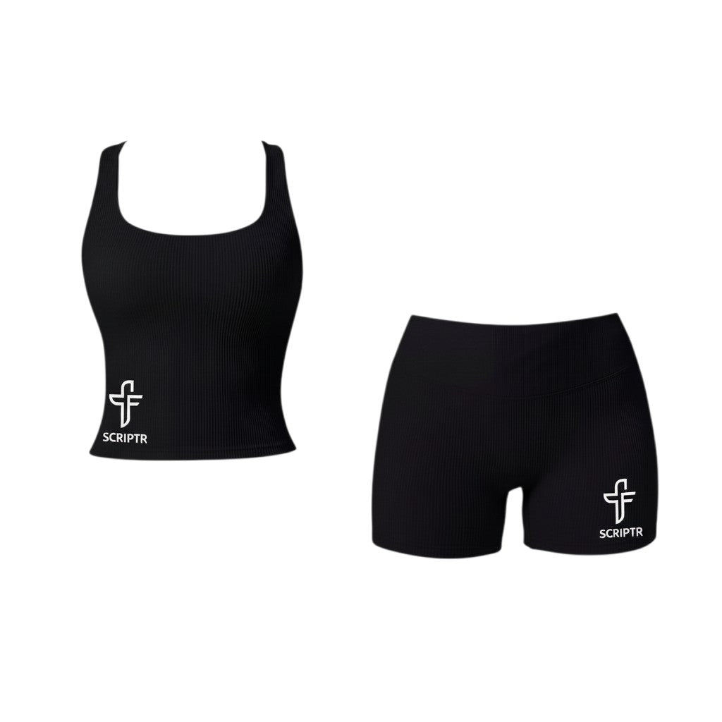Scriptr black ribbed high-waist bike shorts and matching tank top with white logo