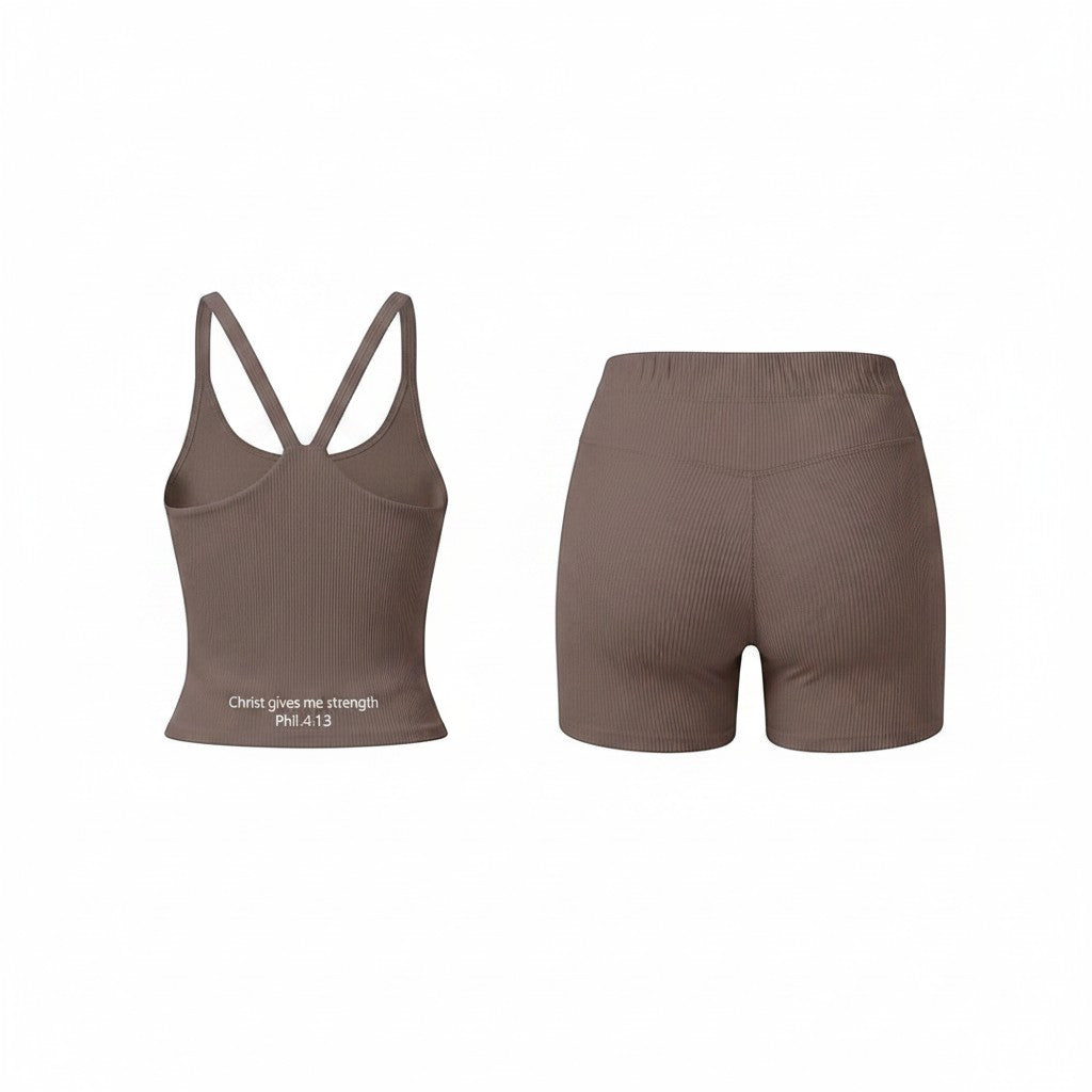 Scriptr mocha brown ribbed high-waist seamless bike shorts with criss-cross straps and inspirational text on back.