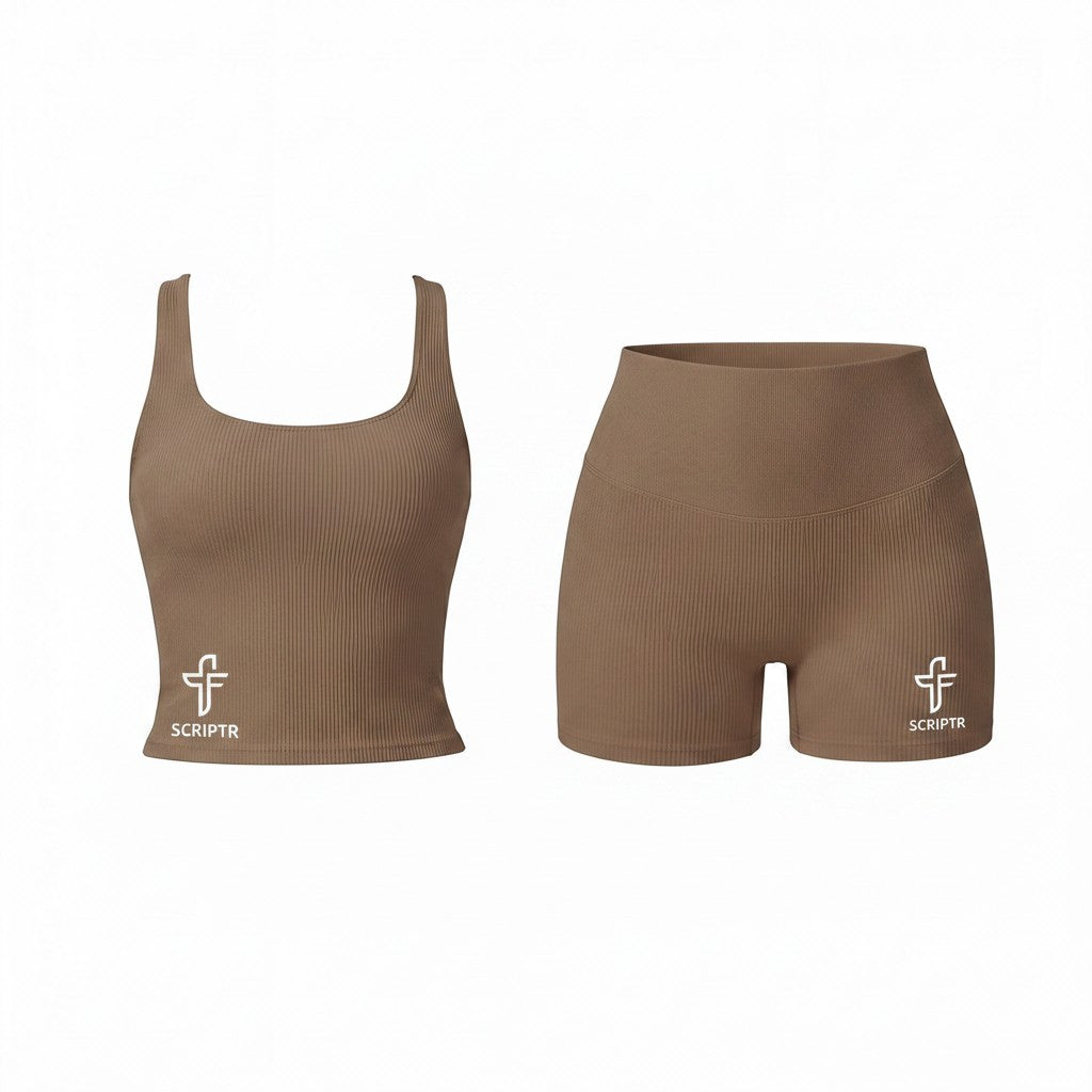 Scriptr mocha brown ribbed high-waist seamless bike shorts and matching tank top set. Made from nylon and spandex.