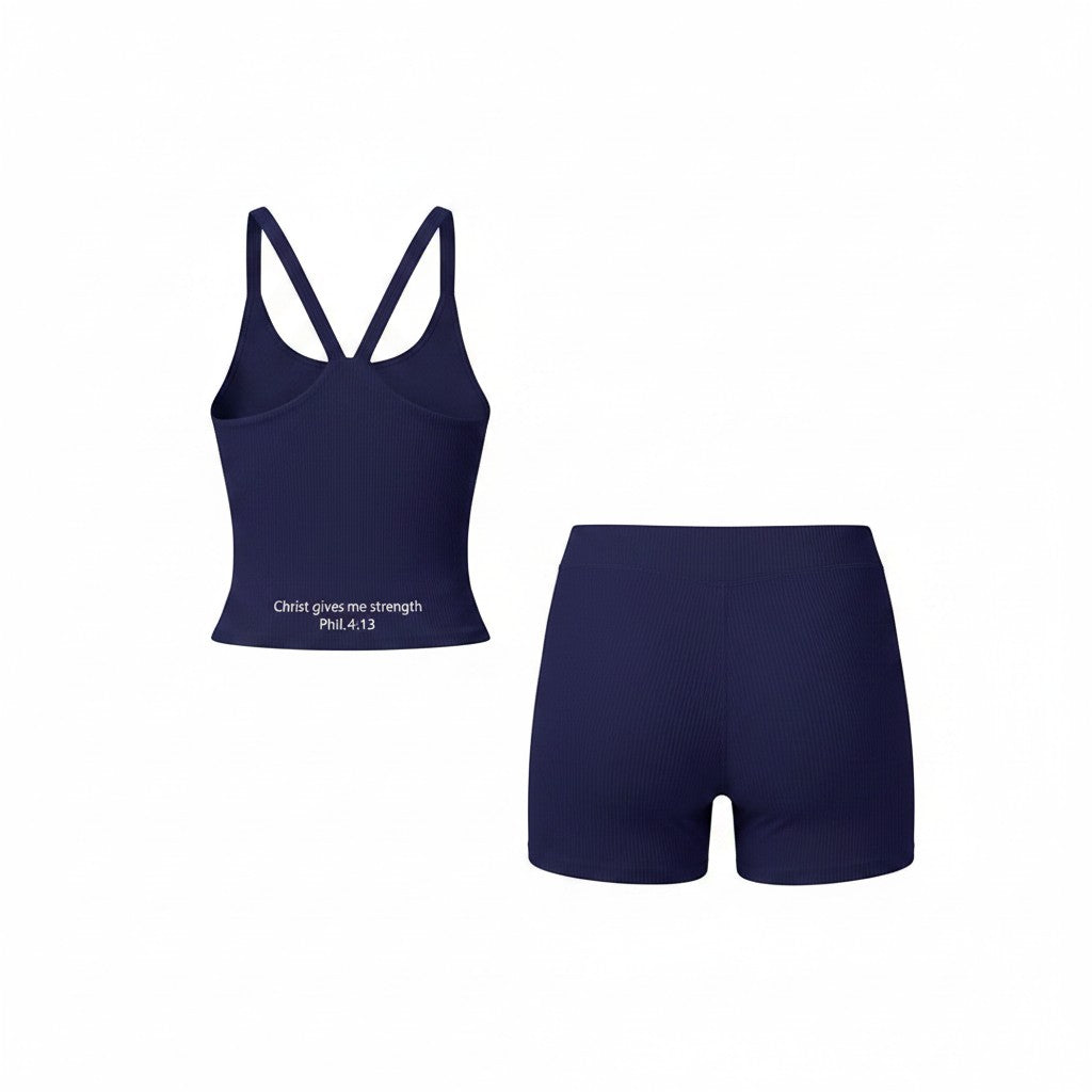 Scriptr navy blue ribbed high-waist bike shorts with a quote on the back: "Christ gives me strength Phil.4:13"
