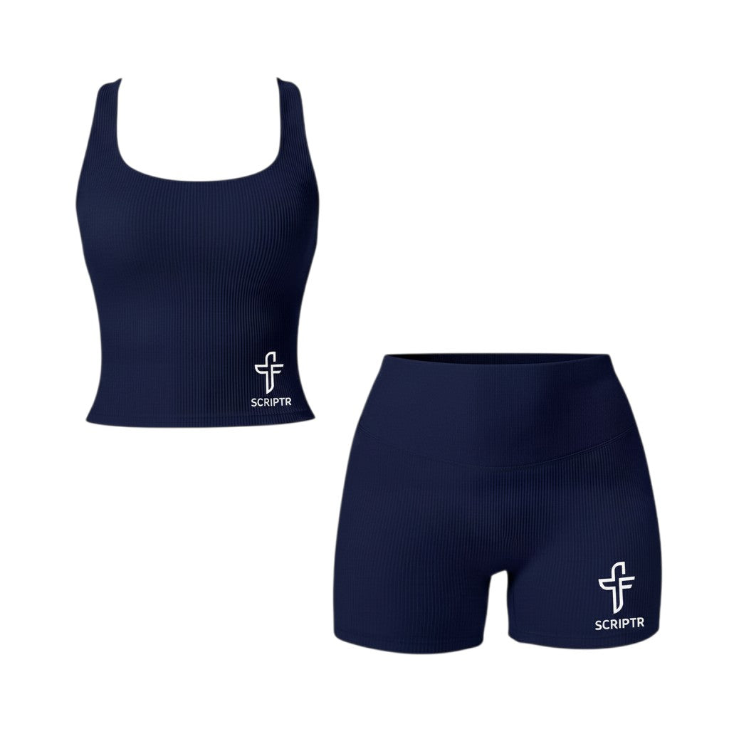 Scriptr navy blue ribbed high-waist bike shorts and matching tank top set. Performance fabric.